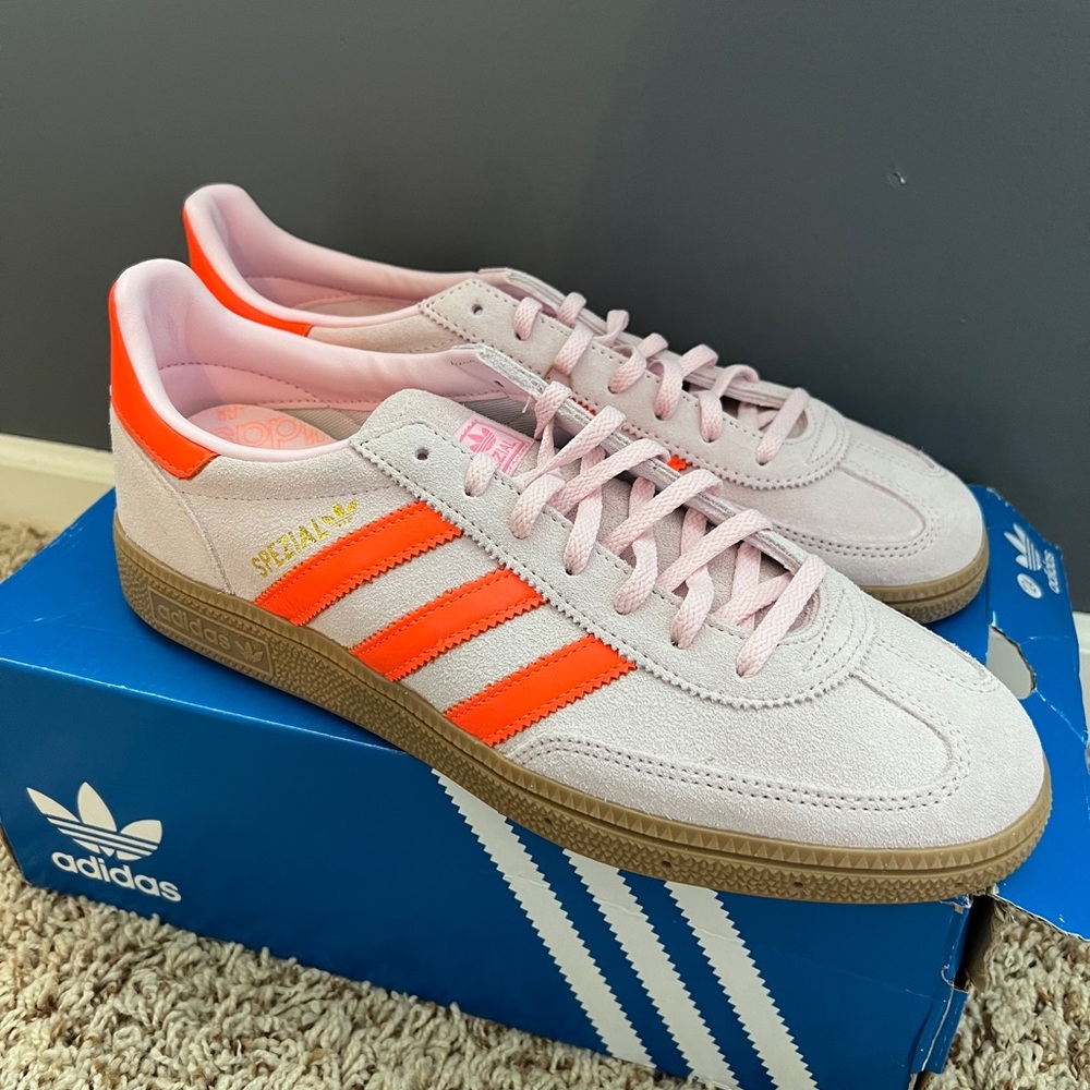 NWT Adidas Pink Sneakers with Orange Stripes